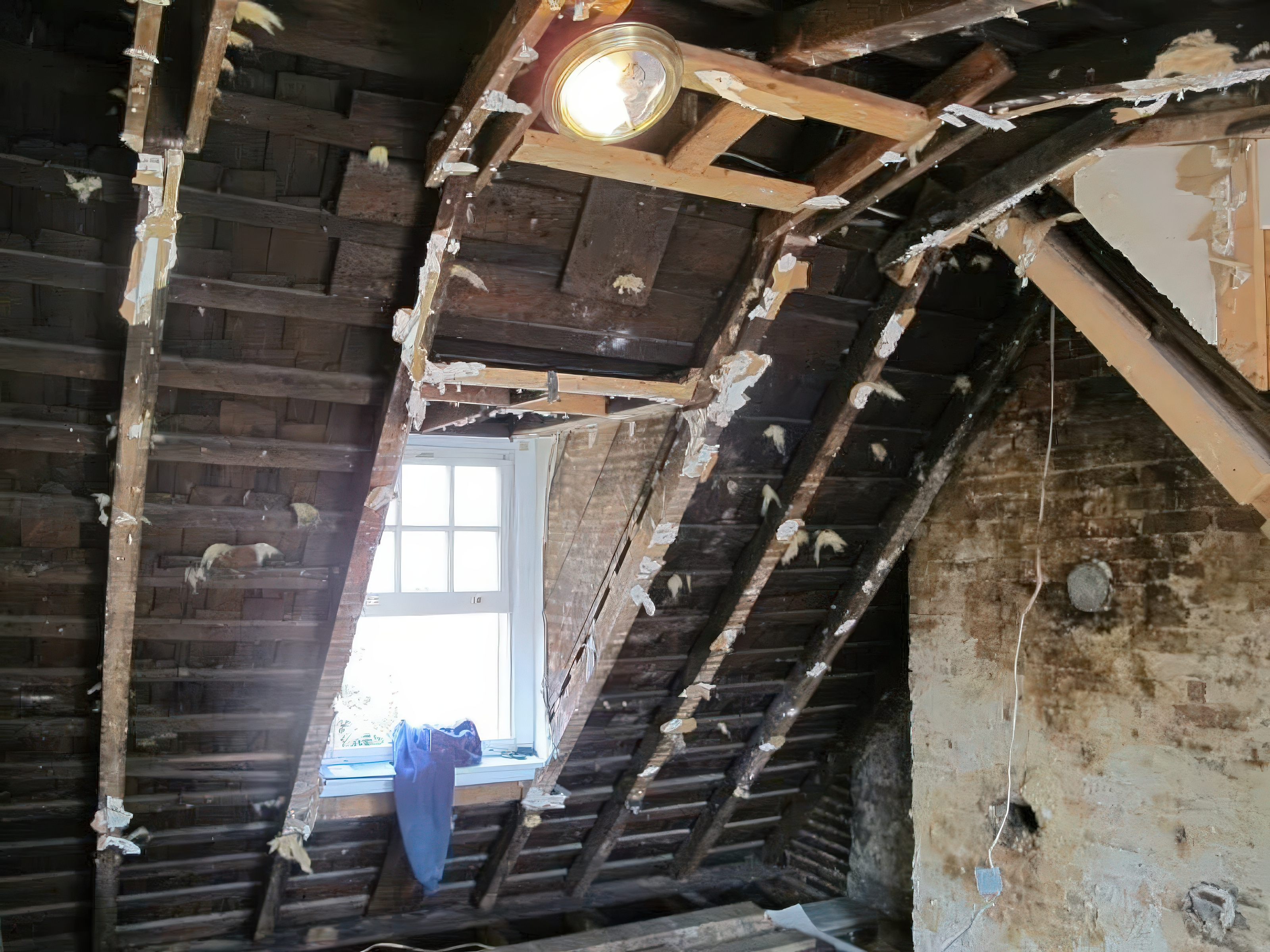 Attic level during demo showing exposed roof structure