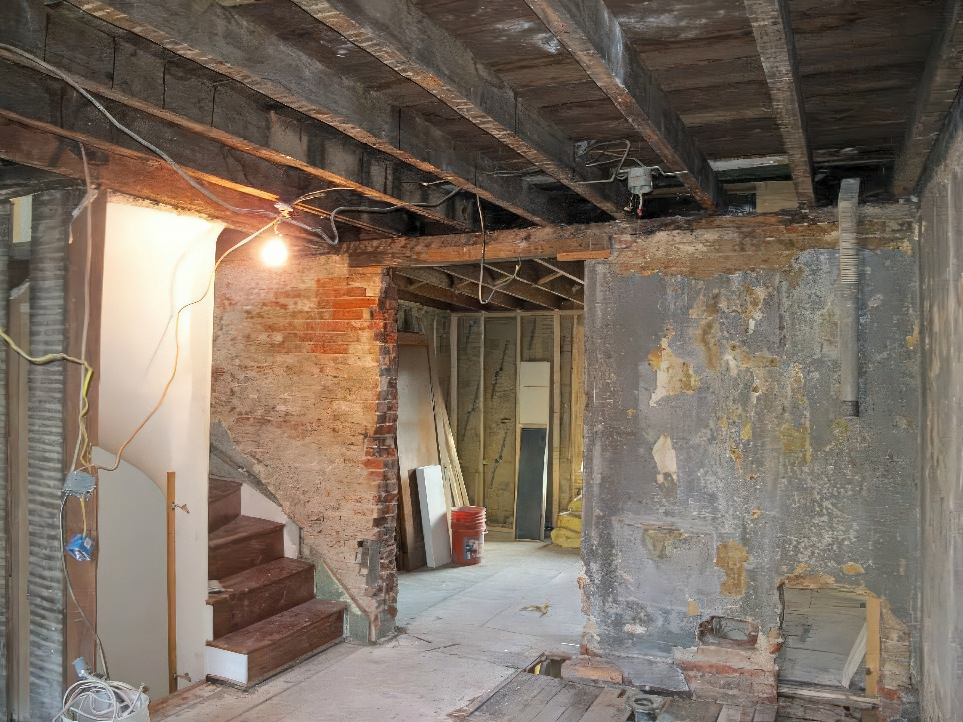 First floor during demo with exposed brick walls