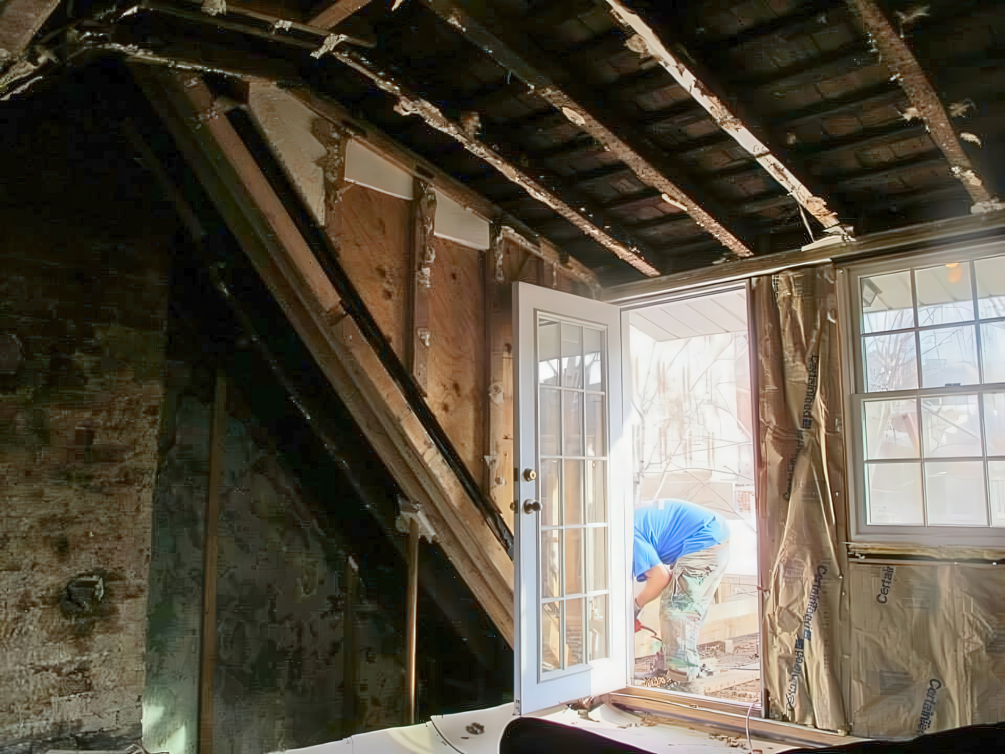 Interior demo showing exposed floor joists and structural framing