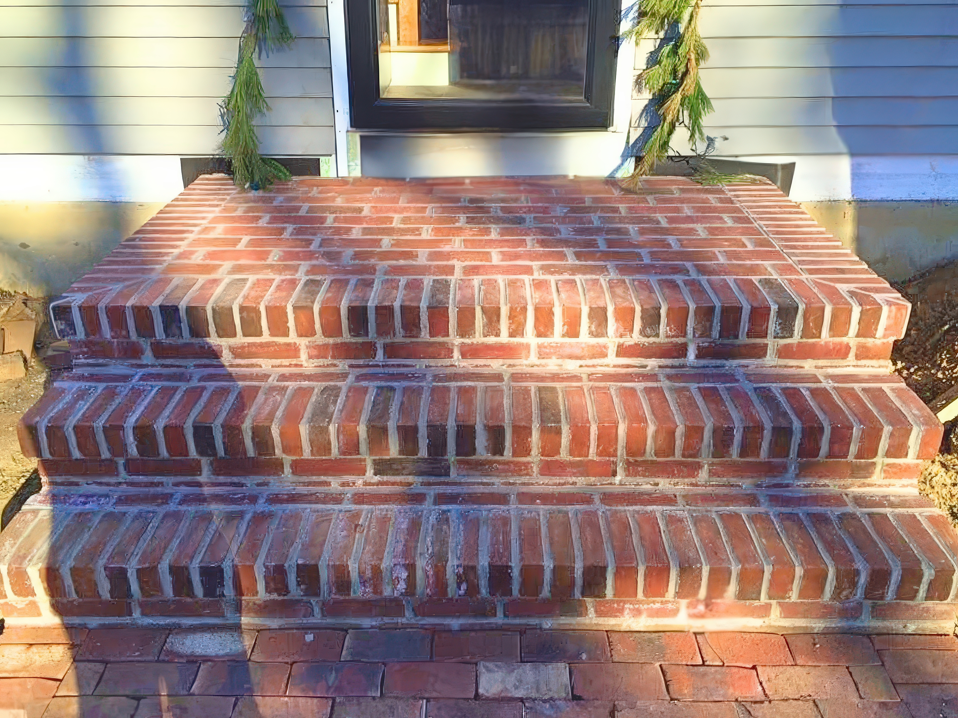 Close-up of brick entry steps with herringbone pattern
