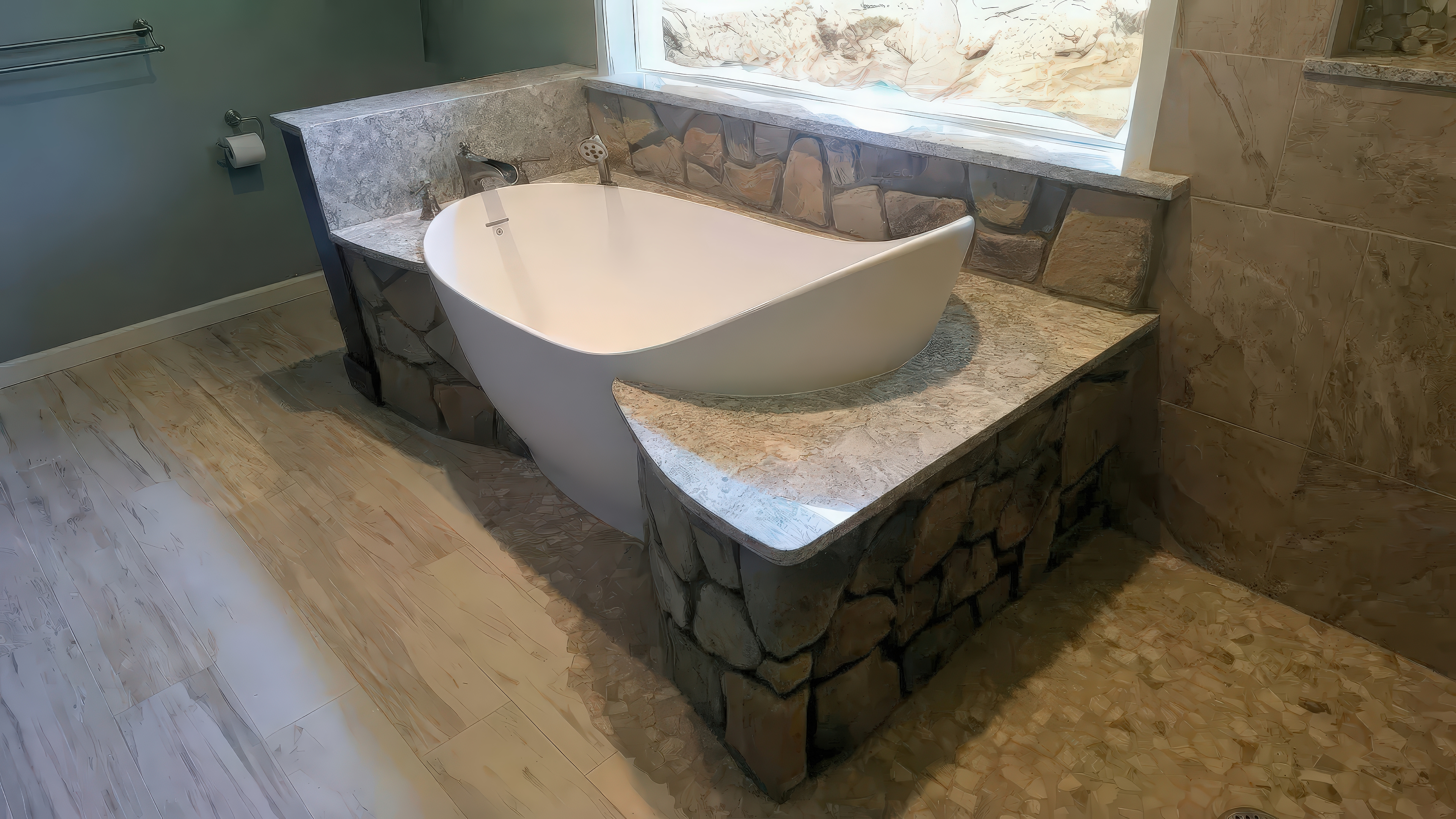 Renovated master bathroom with freestanding soaking tub on fieldstone surround beneath the window