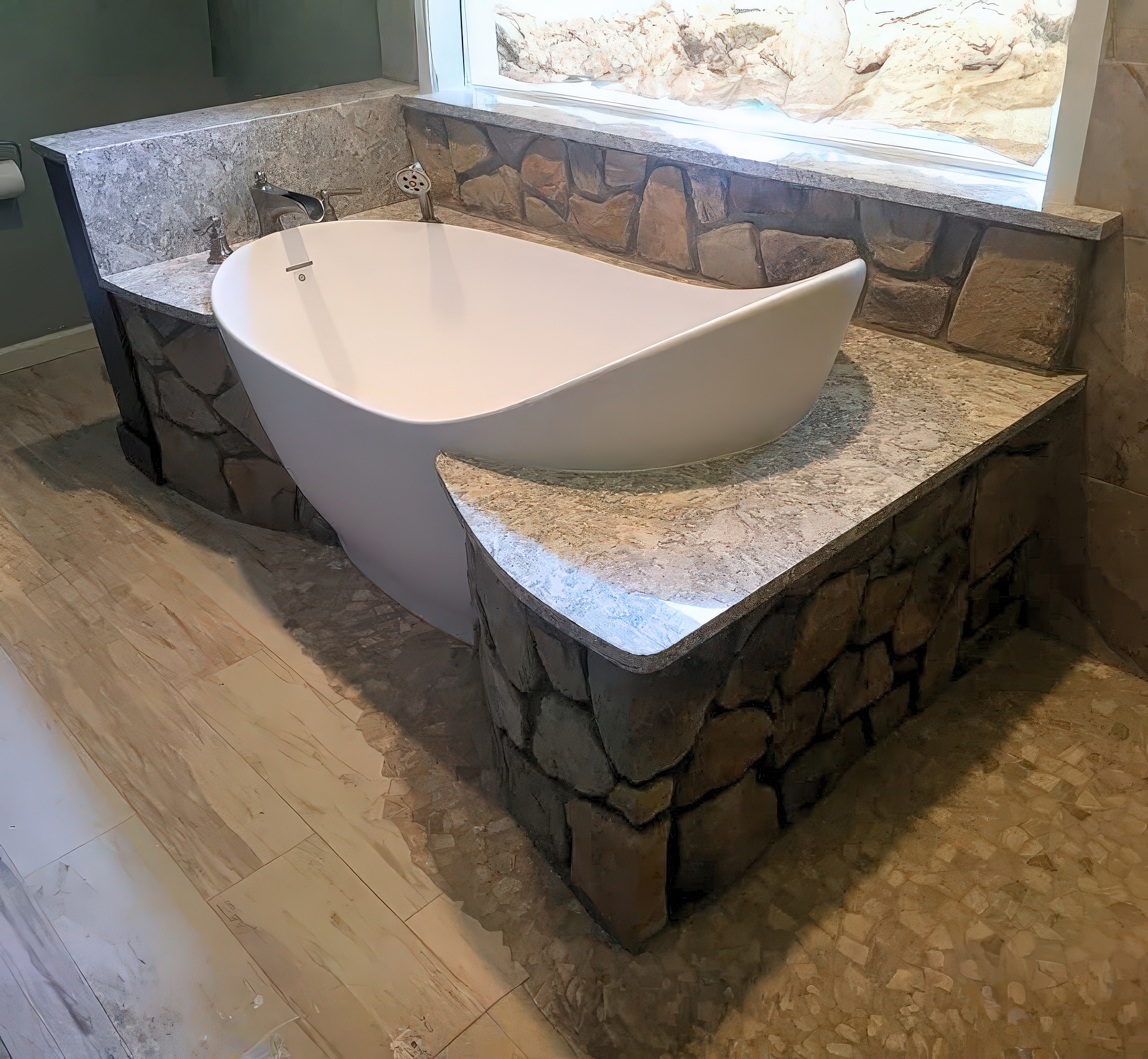Freestanding soaking tub on custom fieldstone surround with granite cap and window
