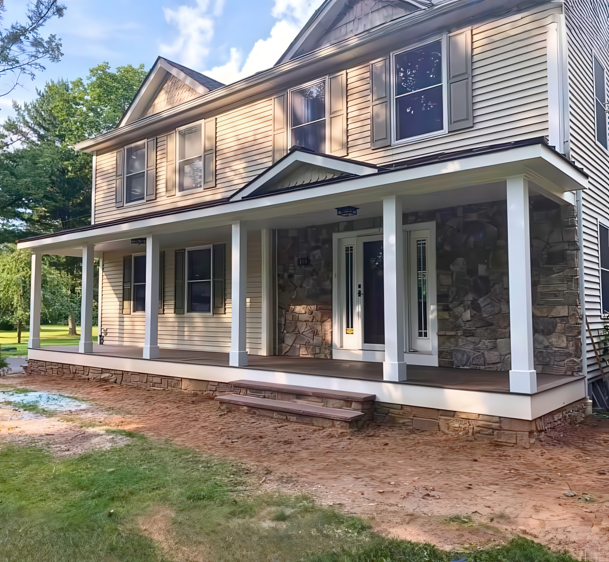 Finished porch from the right side showing stone facade and wrap-around view